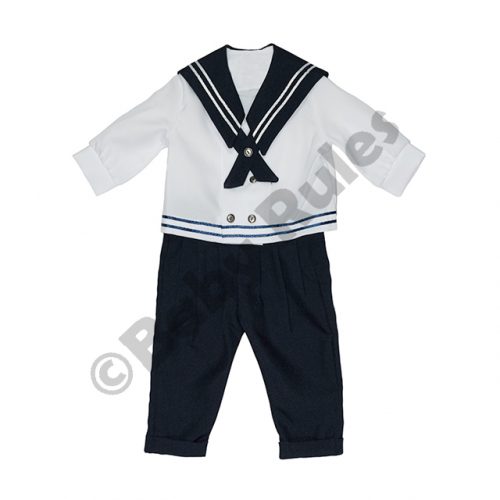 Christening Boys Sailor suit with long navy pants, white long-sleeved shirt and navy trim doop