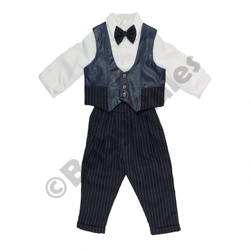 Christening Boys Long navy pinstripe pants, white long-sleeved shirt, leather-look waistcoat and navy pinstripe bowtie doop