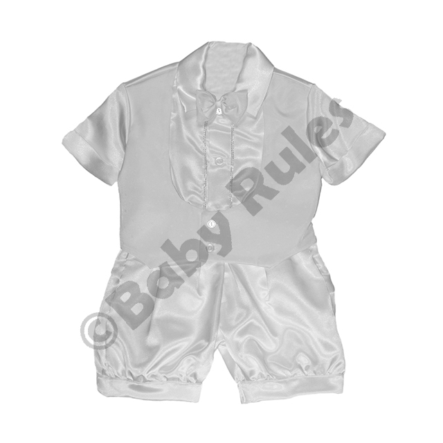 Christening Boys Plain white suit, satin shirt and pants with white bowtie