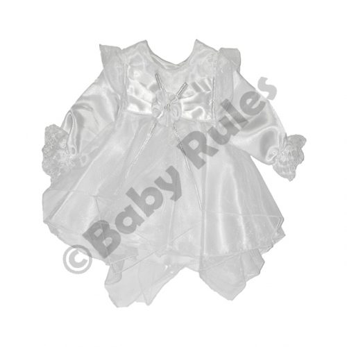 Christening Girls White pantaloon set - satin and chiffon with white flower with silver trim doop