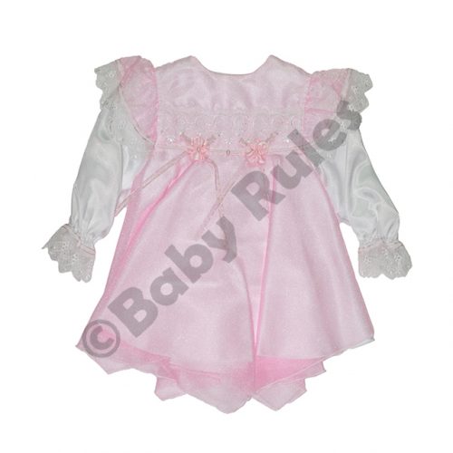 Christening Girls Pink pantaloon set - Satin with pink chiffon overlay, pink flowers and ribbons doop