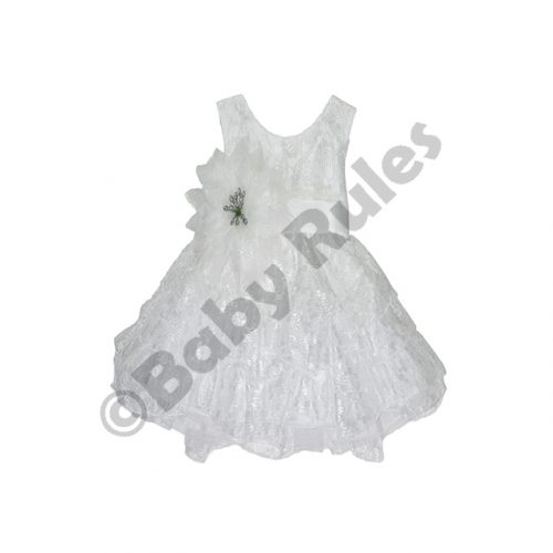 Christening Girls White Satin Layered Lace Dress With White And Silver Flower doop