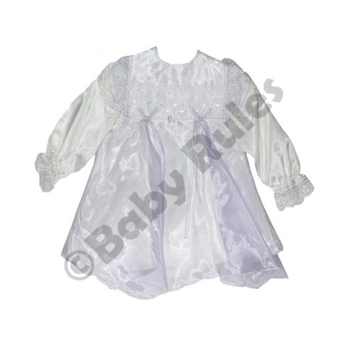 Christening Girls dress with pantaloons - white with lilac overlay and bows doop